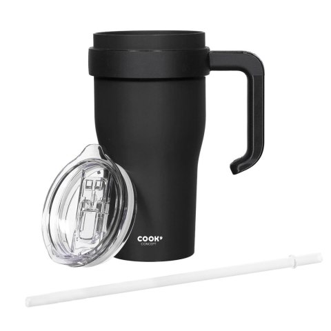 Kubek termiczny z uchwytem i słomką Miami 600ml czarny Kubek termiczny z uchwytem i słomką Miami 600ml czarny