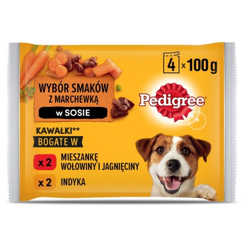 Pedigree Mokra Karma Dla Dorosłych Psów W Sosie (Z Wołowiną I Jagnięciną, Z Indykiem I Marchewką) 4x100g Pedigree Mokra Karma Dla Dorosłych Psów W Sosie (Z Wołowiną I Jagnięciną, Z Indykiem I Marchewką) 4x100g