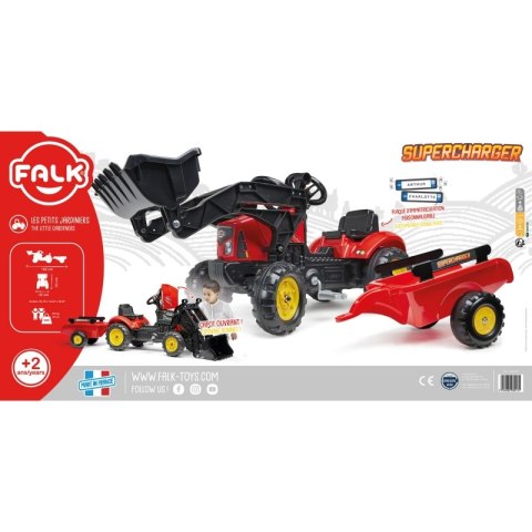 FALK Traktorek Supercharger Czerwony Otwierana Maska z Przyczepką + Łyżka Od 2 Lat FALK Traktorek Supercharger Czerwony Otwierana Maska z Przyczepką + Łyżka Od 2 Lat