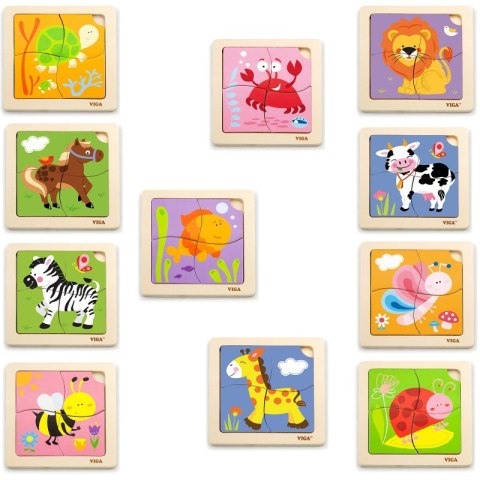 VIGA Puzzle drewniane 12 plansz po 4 puzzle w stojaku VIGA Puzzle drewniane 12 plansz po 4 puzzle w stojaku