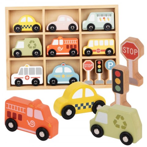 TOOKY TOY Zestaw Drewnianych Pojazdów i Znaków Drogowych w Pudełku TOOKY TOY Zestaw Drewnianych Pojazdów i Znaków Drogowych w Pudełku
