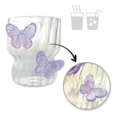 Szklanka ryflowana, z falowanymi ściankami, MOTYLKI fiolet 260 ml 1szt SZK162 Szklanka ryflowana, z falowanymi ściankami, MOTYLKI fiolet 260 ml 1szt SZK162