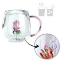 Szklanka ze szklanym tulipanem w środku, różowa rączka 400ml - SZK129 Szklanka ze szklanym tulipanem w środku, różowa rączka 400ml - SZK129