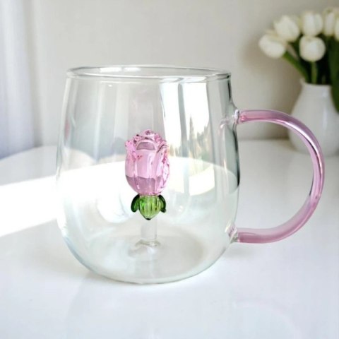 Szklanka ze szklanym tulipanem w środku, różowa rączka 400ml - SZK129 Szklanka ze szklanym tulipanem w środku, różowa rączka 400ml - SZK129