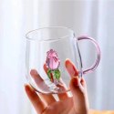 Szklanka ze szklanym tulipanem w środku, różowa rączka 400ml - SZK129 Szklanka ze szklanym tulipanem w środku, różowa rączka 400ml - SZK129
