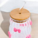 Szklanka, różowe kokardki z rurką i bambusową pokrywką 450 ml - SZK95 Szklanka, różowe kokardki z rurką i bambusową pokrywką 450 ml - SZK95