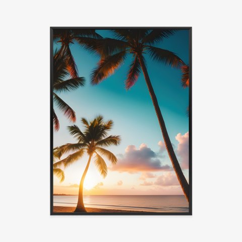 Plakat Wieloczęściowy Tropikalna Plaża Z Palmami O Zachodzie Słońca Rama Aluminiowa Kolor Czarny