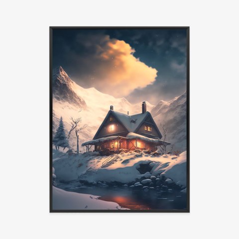 Plakat Wieloczęściowy Zimowy Krajobraz Drewniana Chatka W Górskiej Dolinie Rama Aluminiowa Kolor Czarny