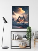 Plakat Wieloczęściowy Zimowy Krajobraz Drewniana Chatka W Górskiej Dolinie Rama Aluminiowa Kolor Czarny