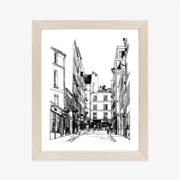 Plakat Wieloczęściowy Uliczka Przy Montmartre W Paryżu - Szkic Rama Drewniana Z Passe-Partout Kolor Naturalny