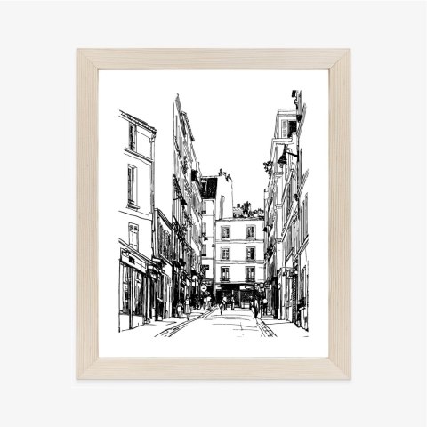 Plakat Wieloczęściowy Uliczka Przy Montmartre W Paryżu - Szkic Rama Drewniana Z Passe-Partout Kolor Naturalny