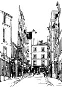 Plakat Wieloczęściowy Uliczka Przy Montmartre W Paryżu - Szkic Rama Drewniana Z Passe-Partout Kolor Naturalny