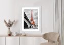 Plakat Wieloczęściowy Wieża Eiffla Monochromatycznie I Czerwono Rama Drewno Kolor Naturalny