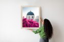 Plakat Wieloczęściowy Typowa Architektura Santorini I Kwitnąca Bugenwilla Rama Drewniana Z Passe-Partout Kolor Naturalny