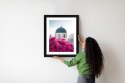 Plakat Wieloczęściowy Typowa Architektura Santorini I Kwitnąca Bugenwilla Rama Drewniana Z Passe-Partout Kolor Naturalny