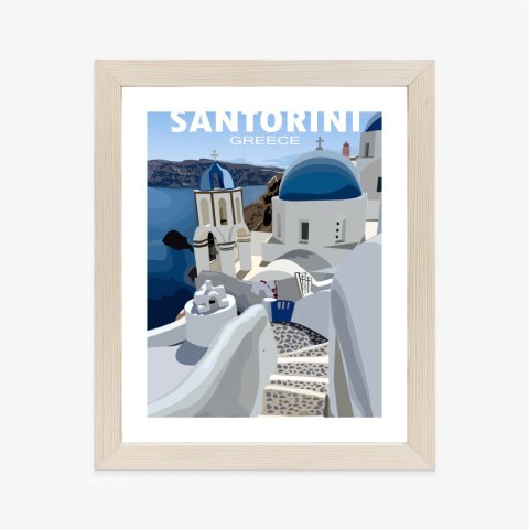 Plakat Wieloczęściowy Typowe Greckie Budynki Z Niebieskimi Dachami Na Santorini Rama Drewniana Z Passe-Partout Kolor Naturalny