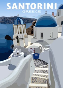 Plakat Wieloczęściowy Typowe Greckie Budynki Z Niebieskimi Dachami Na Santorini Rama Drewniana Z Passe-Partout Kolor Naturalny