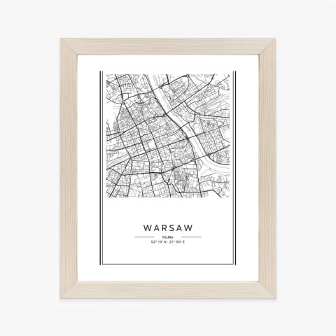 Plakat Wieloczęściowy Warszawa Czarno Biała Mapa Rama Drewniana Z Passe-Partout Kolor Naturalny