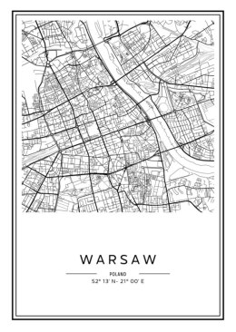Plakat Wieloczęściowy Warszawa Czarno Biała Mapa Rama Drewniana Z Passe-Partout Kolor Naturalny