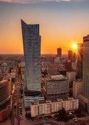 Plakat Wieloczęściowy Wieżowce W Warszawie O Zachodzie Słońca Rama Aluminiowa Kolor Srebrny