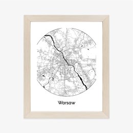 Plakat Wieloczęściowy Warszawa Minimalistyczna Mapa W Kole Rama Drewniana Z Passe-Partout Kolor Naturalny