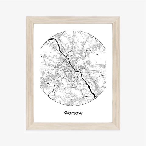 Plakat Wieloczęściowy Warszawa Minimalistyczna Mapa W Kole Rama Drewniana Z Passe-Partout Kolor Naturalny