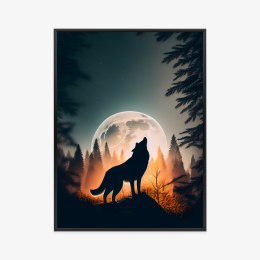 Plakat Wieloczęściowy Wilk Wyjący Na Skale Przy Księżycu Rama Aluminiowa Kolor Czarny