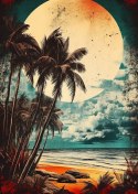 Plakat Wieloczęściowy Tropikalna Plaża Słońce I Palmy Vintage Rama Aluminiowa Kolor Czarny