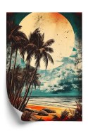 Plakat Wieloczęściowy Tropikalna Plaża Słońce I Palmy Vintage Rama Aluminiowa Kolor Czarny