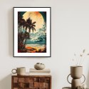 Plakat Wieloczęściowy Tropikalna Plaża Słońce I Palmy Vintage Rama Aluminiowa Kolor Czarny