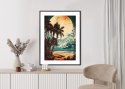Plakat Wieloczęściowy Tropikalna Plaża Słońce I Palmy Vintage Rama Aluminiowa Kolor Czarny