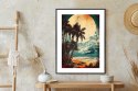 Plakat Wieloczęściowy Tropikalna Plaża Słońce I Palmy Vintage Rama Aluminiowa Kolor Czarny